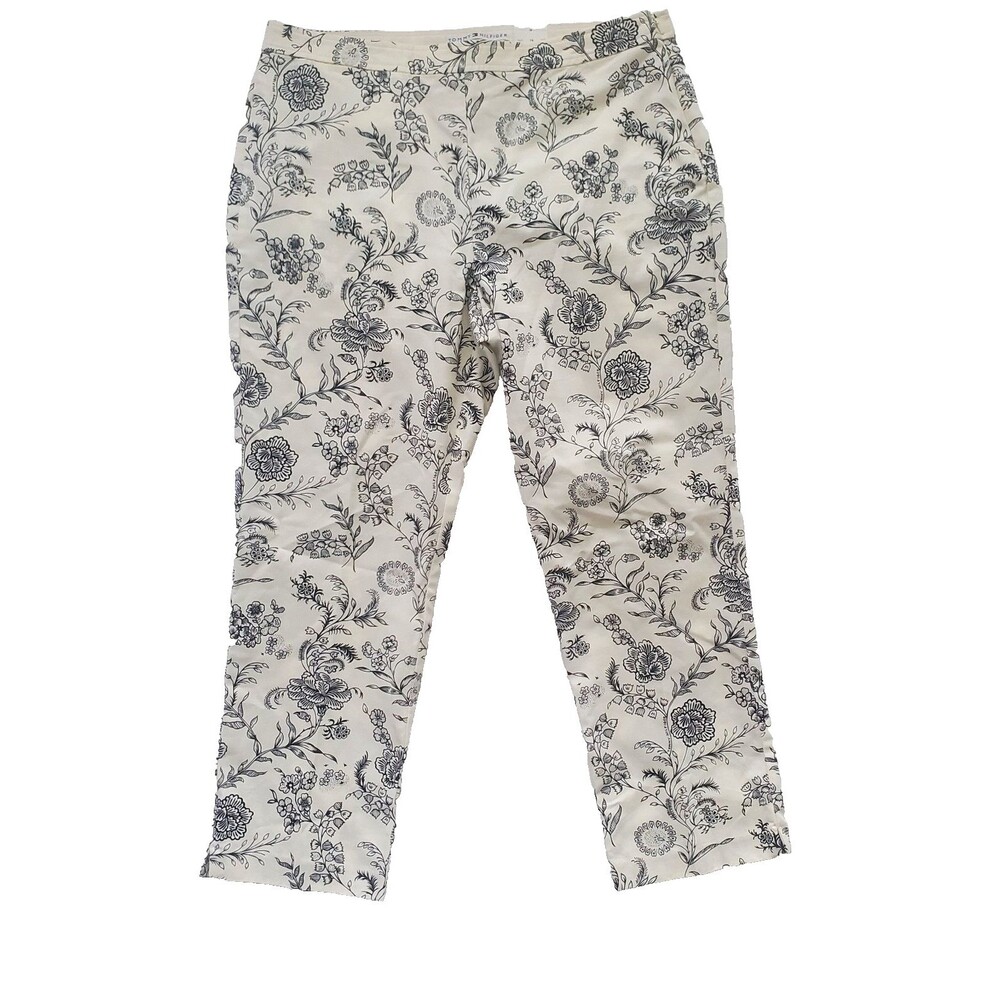 NWT Tommy Hilfiger Women's Floral Print Pants Size 16 Cream Blue Cropped Cotton